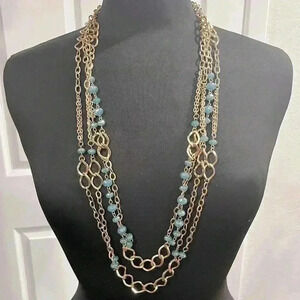 Beautiful layered chain long gold tone and blue beaded necklace
